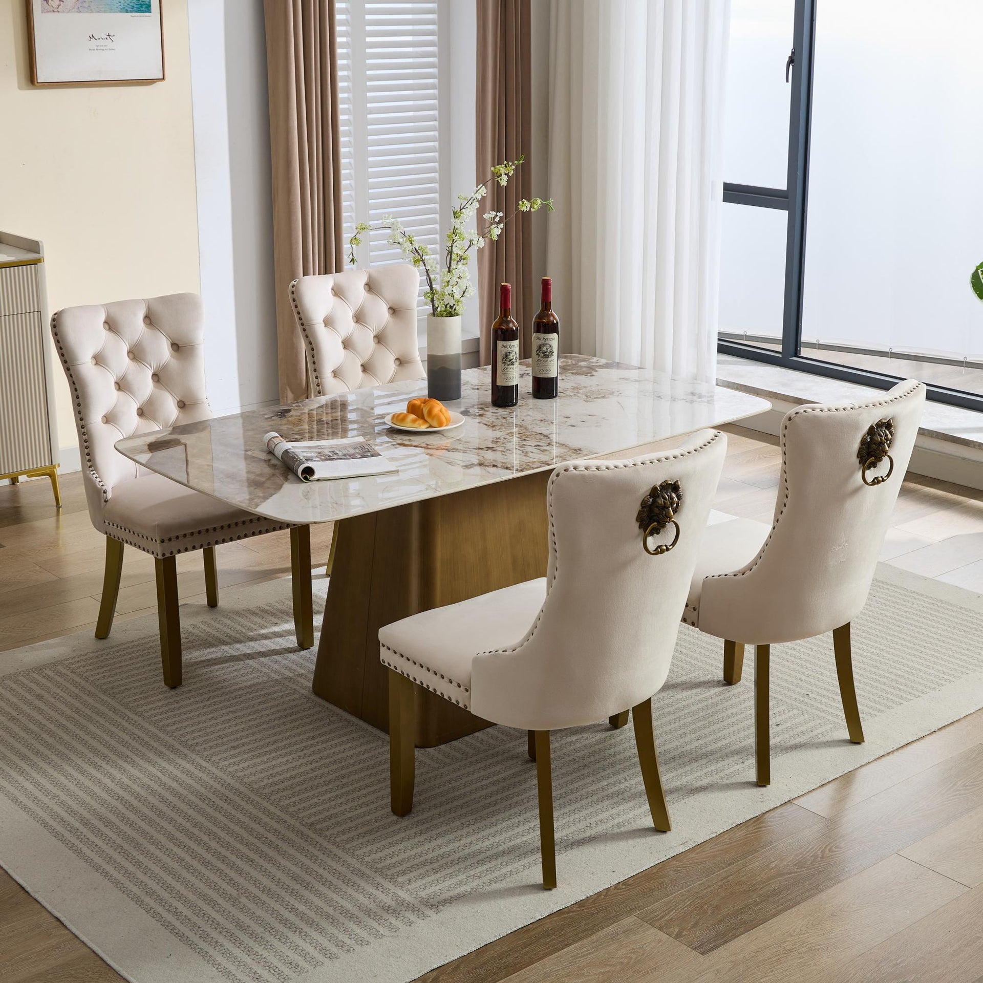 Mid-Century Modern Tufted Velvet Dining Chairs with Lion Head Pull Ring and Nailhead Trim