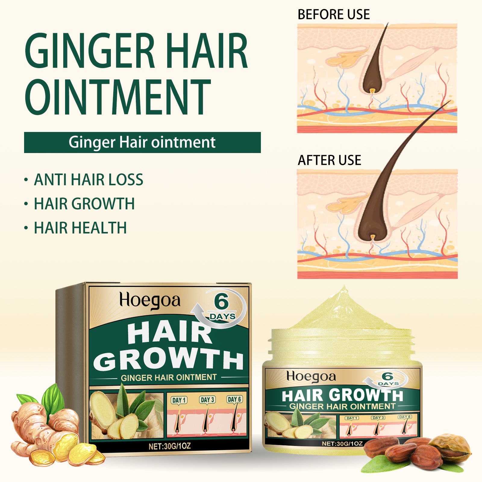 Ginger Hair Ointment, Care For Hair Follicles, Strengthen Hair, Moisturize Hair, Prevent Hair Breakage And Dense Hair Care Cream