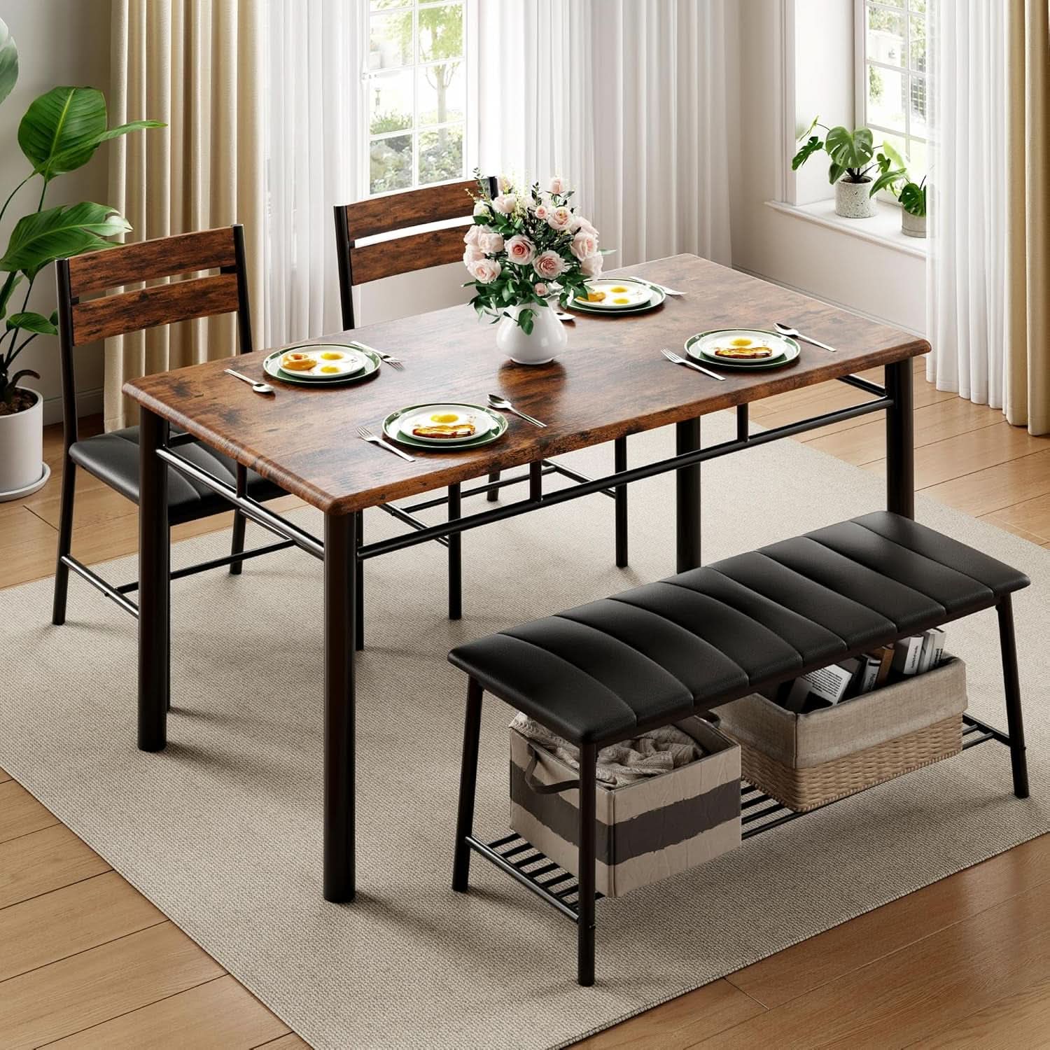 Industrial Dining Room Table Set For Four Rustic Brown