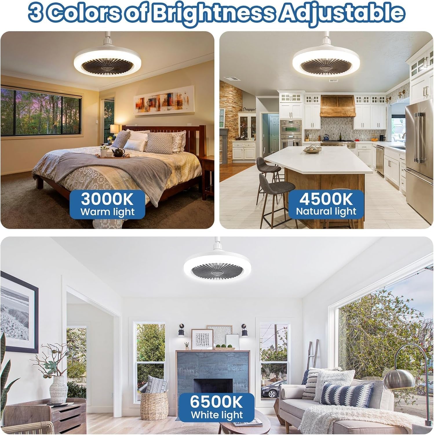 Ceiling Fan with Lights E27 30W Ceiling Light with Fans and Remote Control Timing 3 Color Dimmable LED Lamp 3 Speeds Whisper-Quiet Ceiling Light Bulb Fan for Bedroom Home Office Dormitory