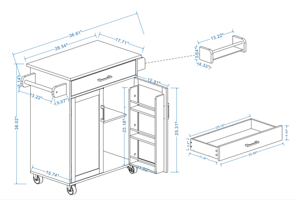Kitchen island rolling trolley cart with 1 drawer & 2 doors with storage racks & Adjustable Shelves & towel rack