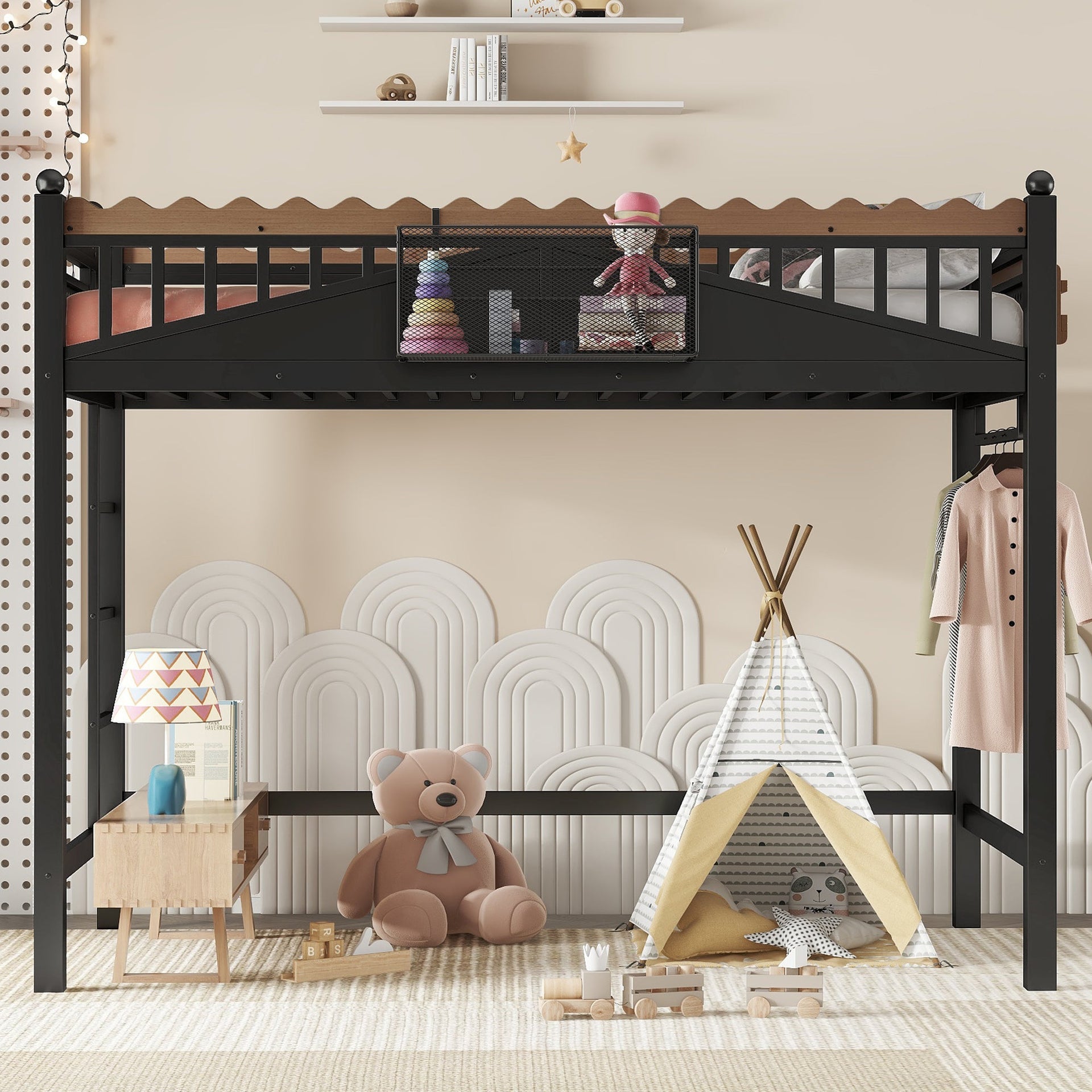 Twin XL Size Loft Bed with Ladders, Storage Shelves, and Bookshelf