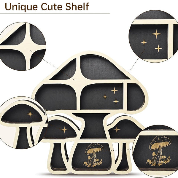 Adorable Mushroom - themed Decor. Wall - mounted Wooden Floating Mushroom Shelf. Ideal as a Crystal Display Shelf or a Rock Gem