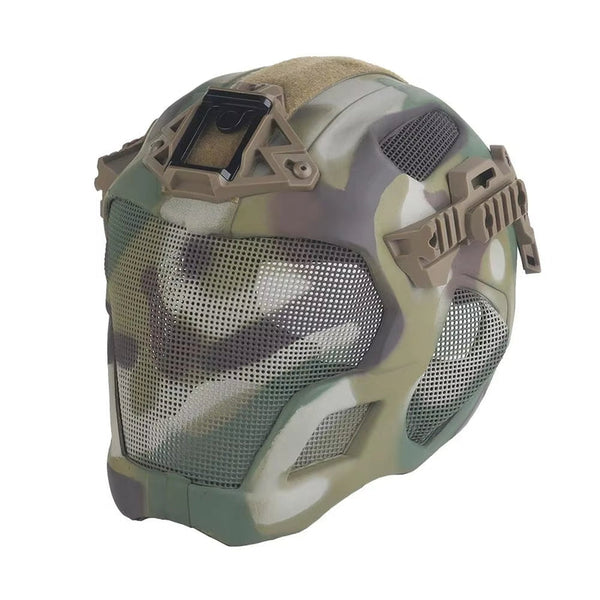 Lightweight EVA tactical helmet for hunting, airsoft, etc. Steel mesh mask included, good for cosplay.