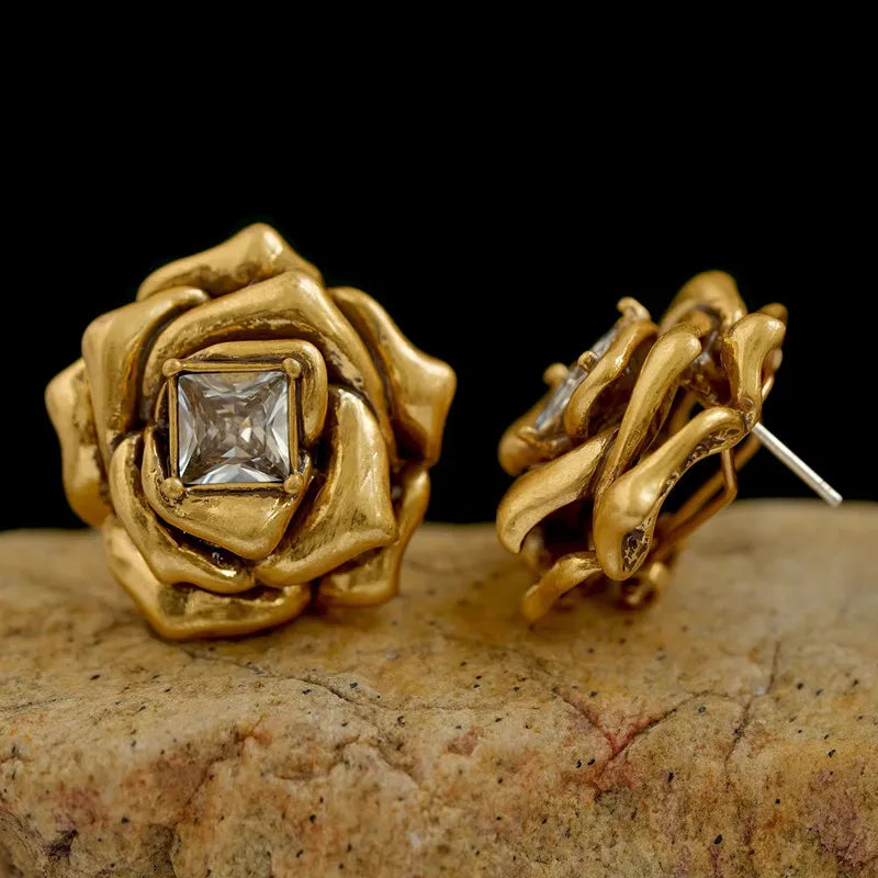 Brass Gold Color Metal Rose Flower Stud Earrings Geometry Zircon Shiny for Women Girls Jewelry Gifts Europe and America