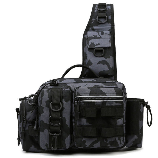 Men's Fishing Backpack: Equipped with bait box, equipment storage bag, pole holder, sling & shoulder bag design.