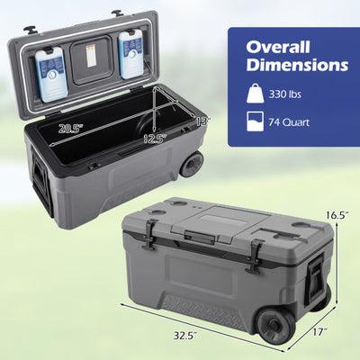 74 Quart Portable Rolling Cooler with Fish Ruler for Outdoor-Gray
