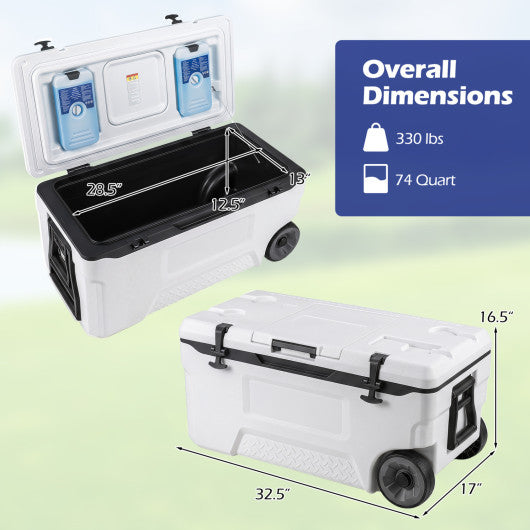 74 Quart Portable Rolling Cooler with Fish Ruler for Outdoor-White