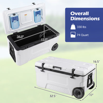74 Quart Portable Rolling Cooler with Fish Ruler for Outdoor-White