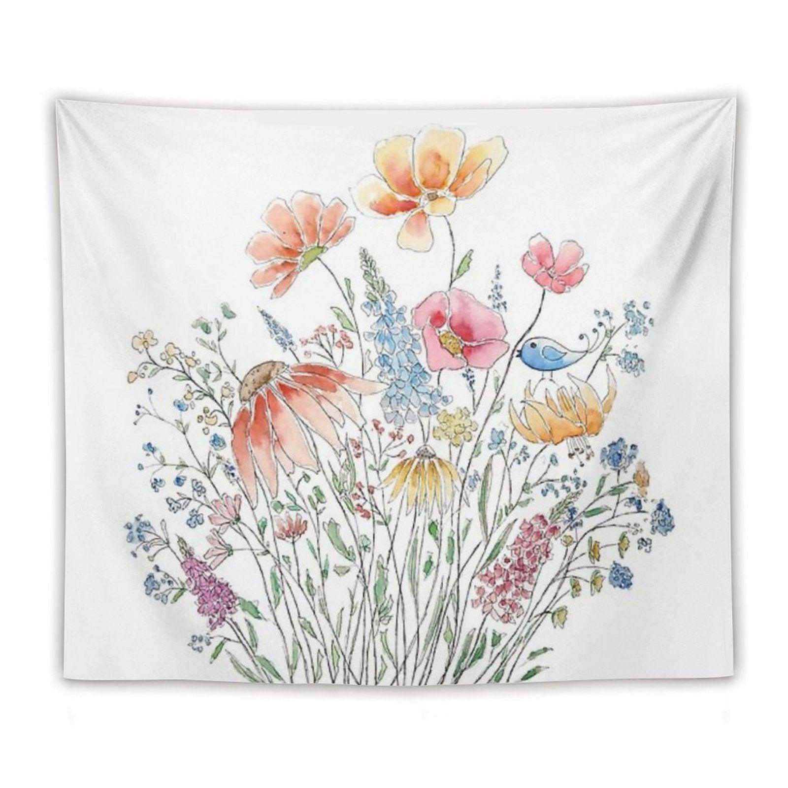 Hand Painted Wild Flower Bouquet And Blue Bird-line And Watercolor 2 Tapestry