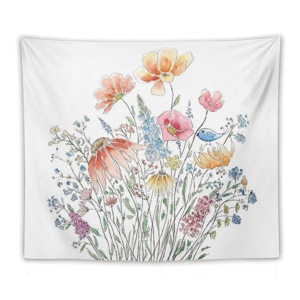 Hand Painted Wild Flower Bouquet And Blue Bird-line And Watercolor 2 Tapestry