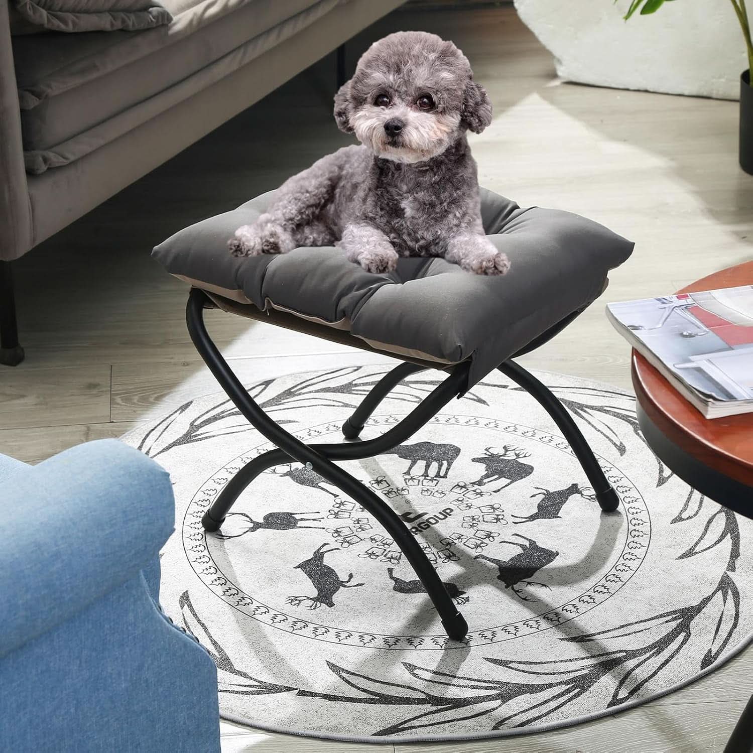 15 Inch Foldable Foot Stool Ottoman Charcoal Gray Washable