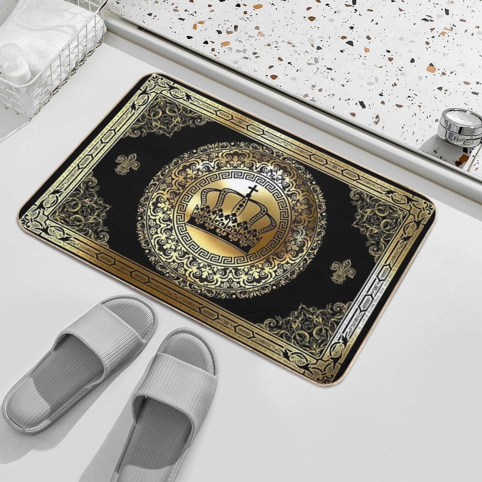 Ornate Baroque Crown Black Gold Greek Key Bath Mat