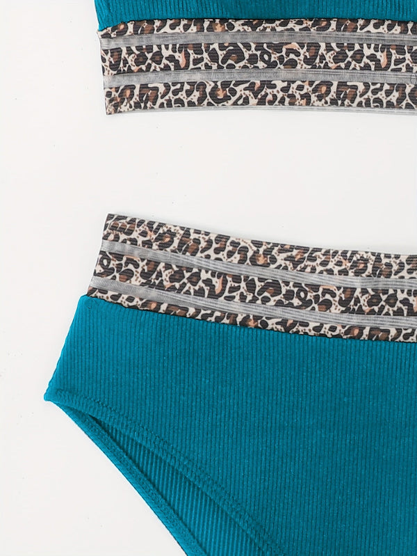 Bikini Leopard Print High Waist Bandeau 2 Piece Swimsuit for Women – Super Stretchy Bikini Set with Seductive Mesh Detail and Flattering Fit – Chic Animal Print Swimwear for Beachwear Poolside and Summer Vacations