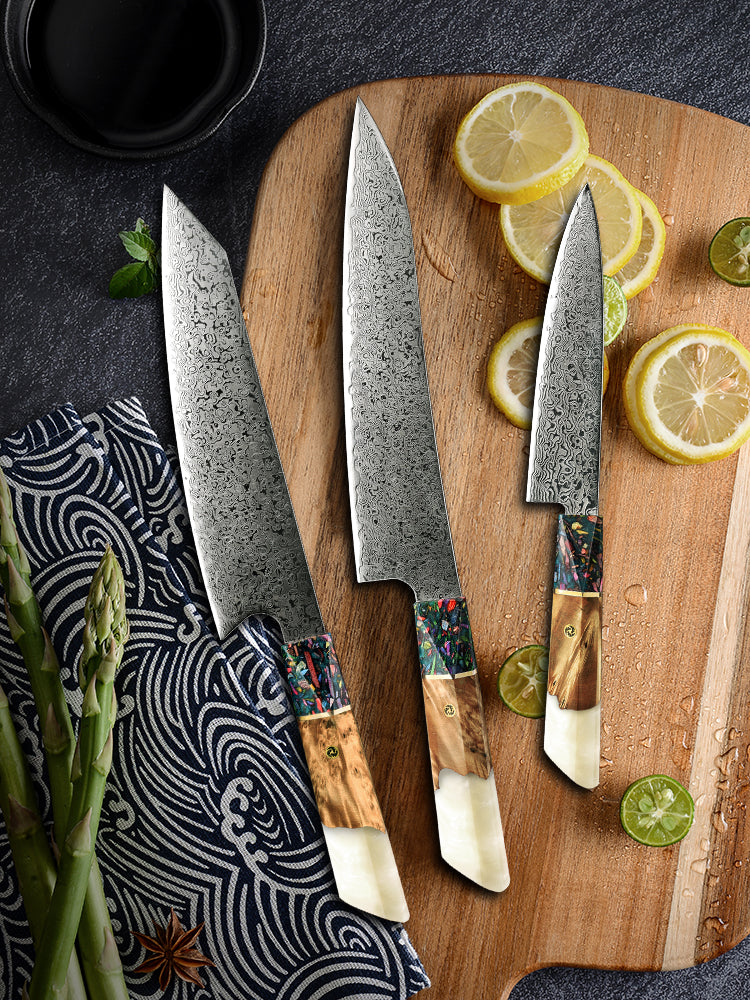 Pristine VG10 Chef Knife Set with Exotic Olive Burl Wood and Pearl Resin Handle