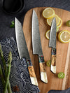 Pristine VG10 Chef Knife Set with Exotic Olive Burl Wood and Pearl Resin Handle