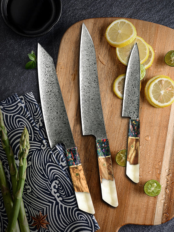 Pristine VG10 Chef Knife Set with Exotic Olive Burl Wood and Pearl Resin Handle