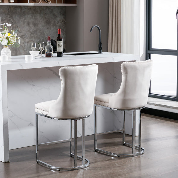 Counter Height Velvet Bar Stools with Button Back & Rivet Trim Upholstered Seats
