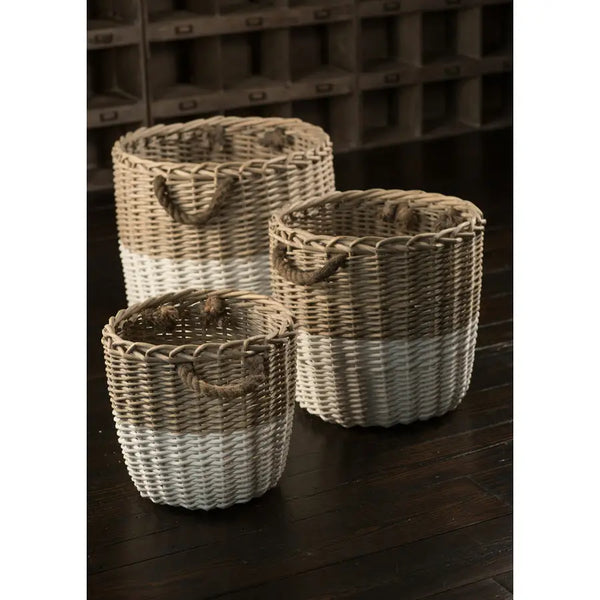 Set Of 3 Round Willow Baskets Dipped White