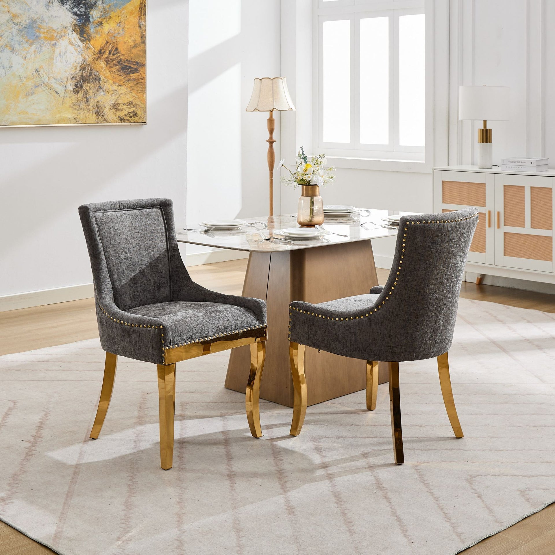 Chenille Dining Chairs Modern Style with Curved Gold-Plated Legs & Rivet Trim