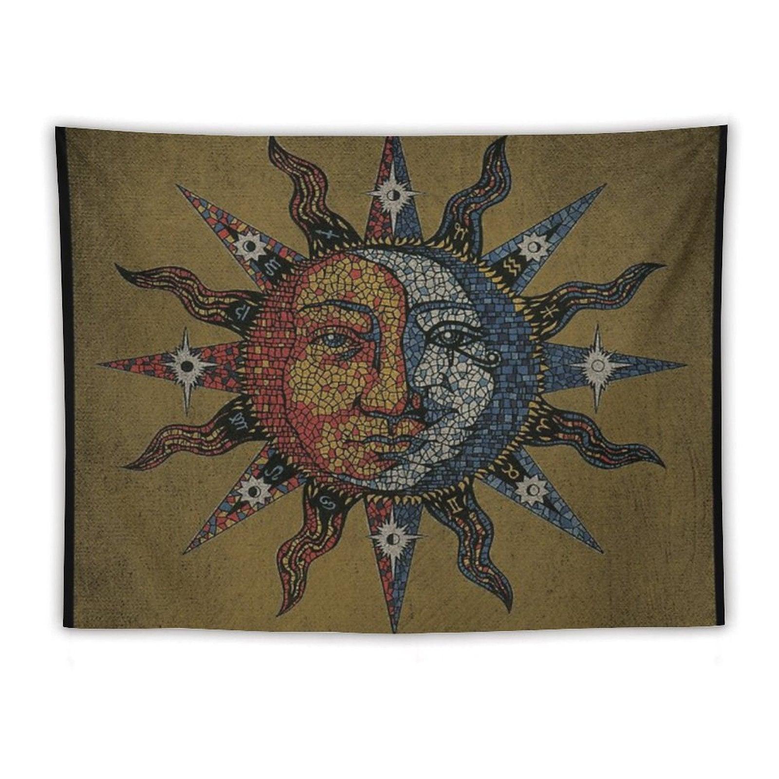Vintage Celestial Mosaic Sun & Moon Tapestry