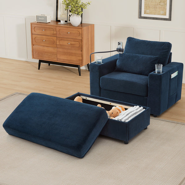 Modern Style Armchair Chaise Lounge  with Movable Storage Ottoman, USB Ports, and Cup Holders
