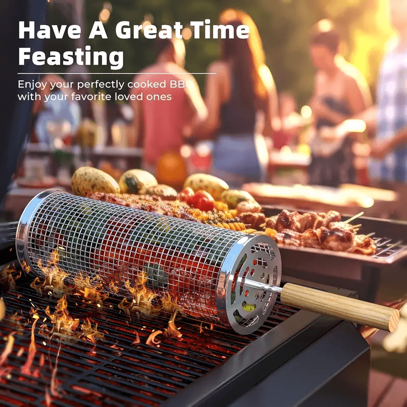 Stainless Steel BBQ Grill Basket with Wood Handle – Non-Stick Rolling Grilling Cage for Vegetables & Meat – Outdoor Camping & BBQ Accessories