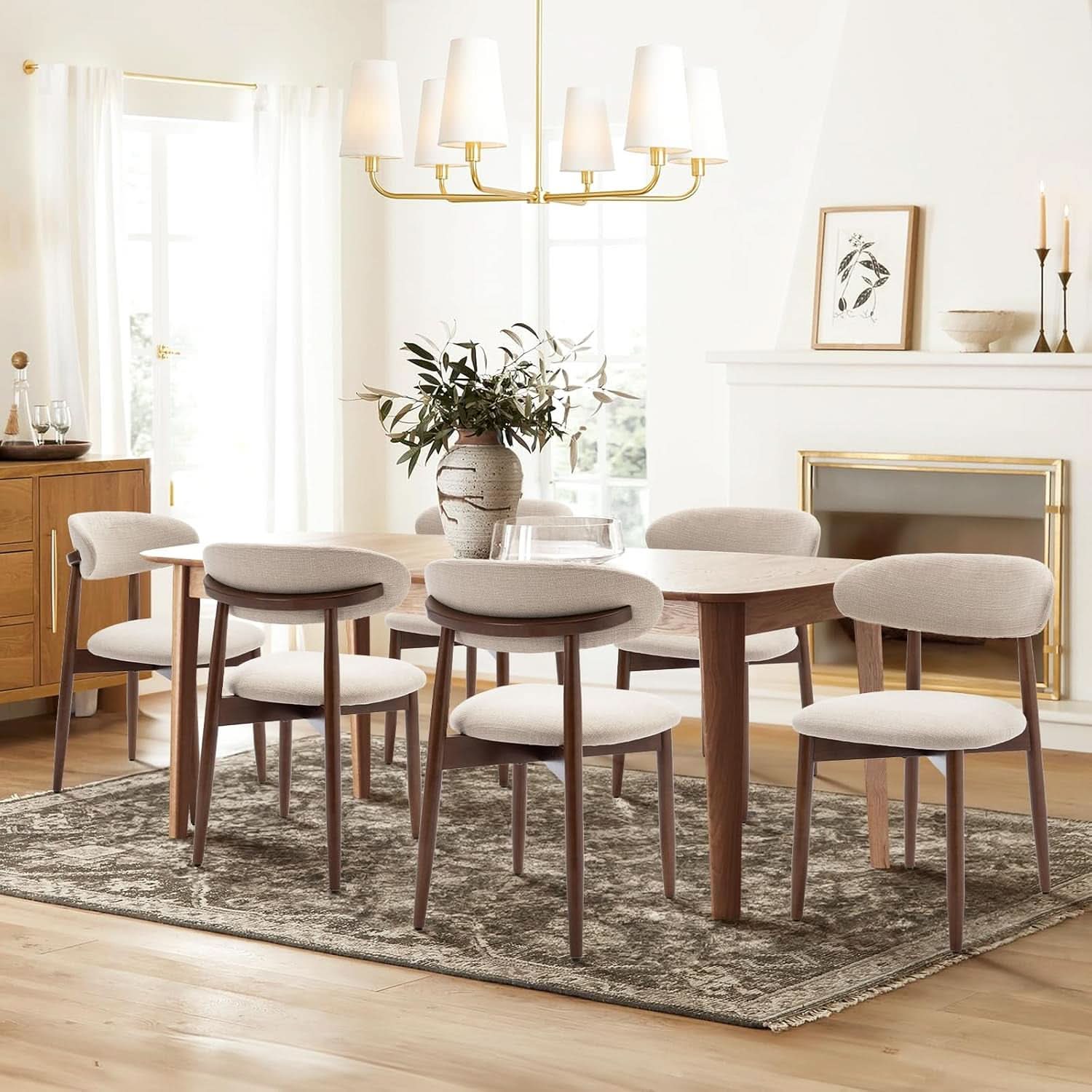 Beige Upholstered Contemporary Wood Dining Chair Set
