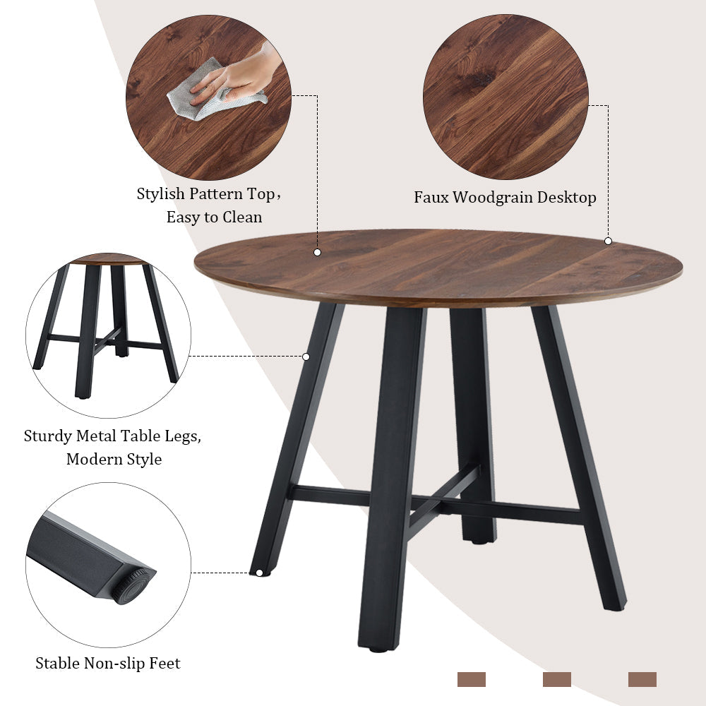 Modern minimalist round dining table and coffee table. 42 Inch Diameter MDF Table Top, Deep Wood Grain Table Top, Black Metal Legs, Fits Home & Office F-1172