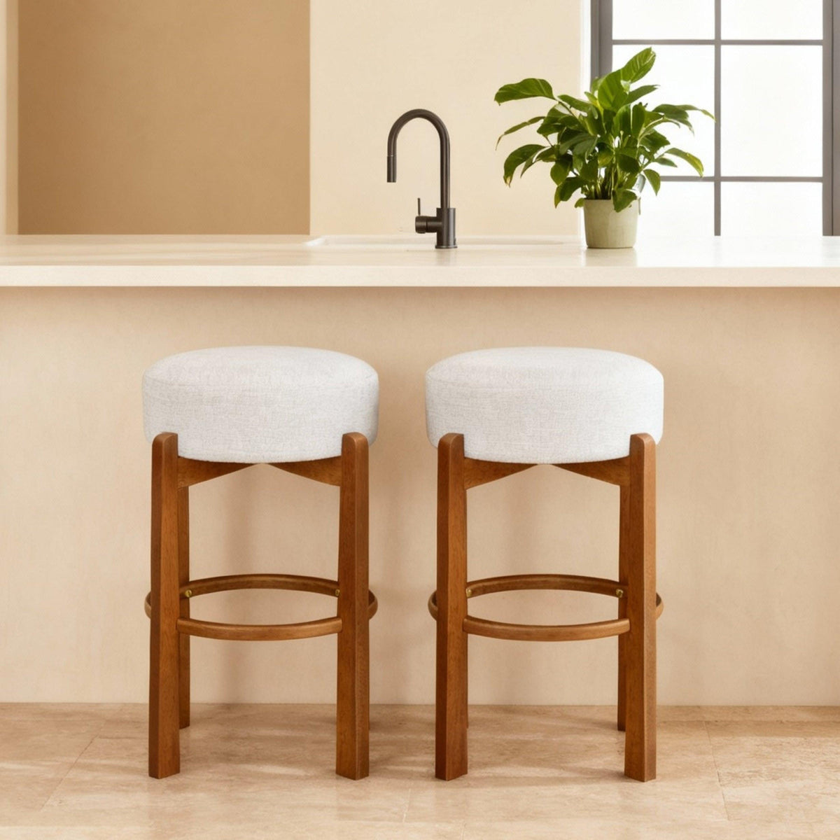 Set of 2 Dark Walnut & Ivory Rubberwood Bar Stool