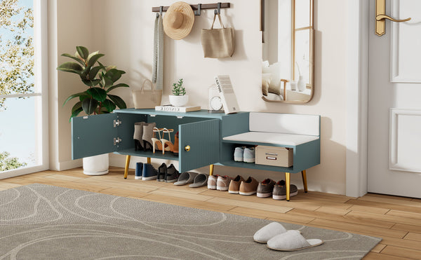 Modern Shoe Storage Bench with Hidden Storage and Upholstered Cushions for Bedside, Living Room and Entryway (Tiffany Blue)