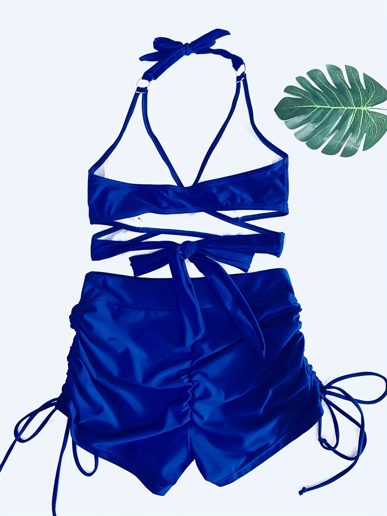 Coastal Curve Halter Bikini Set for Women – V-Neck Crisscross Drawstring Swimsuit with Chic Ring Detail & High-Waisted Boxer Shorts for Summer – Sleek Two-Piece Nylon Swimwear for Women’s Beach & Poolside Style