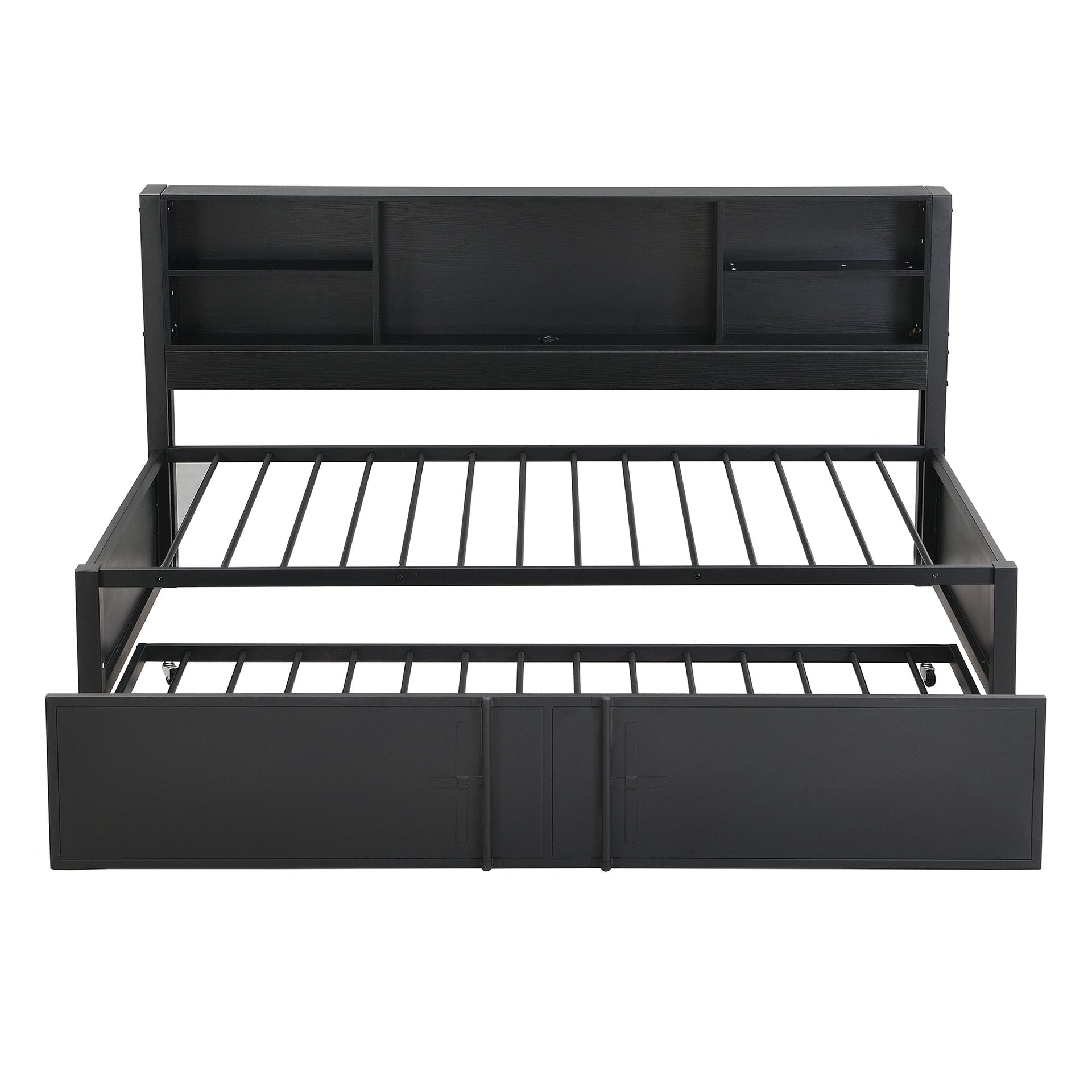 Metal Twin Size Daybed with Twin Size Trundle  Storage Shelves and USB Ports  Black