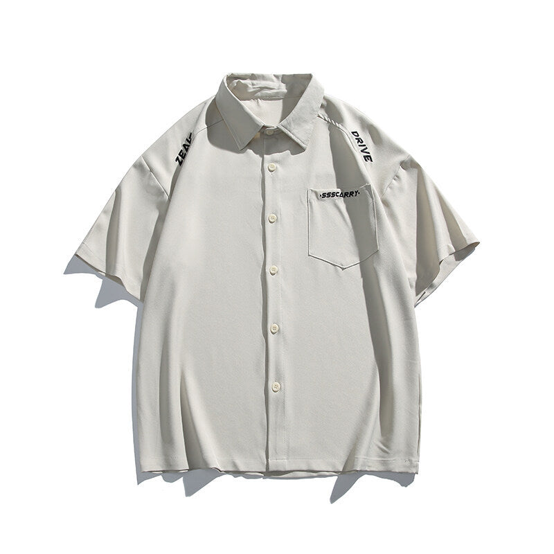 Simple letter embroidery casual short sleeved shirt men's half sleeved shirt
