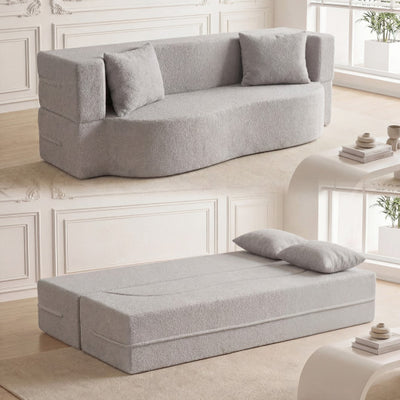 75.5 inch Folding Sofa Bed 2-in-1 Convertible Teddy Fleece Floor Loveseat with 2 Comfortable Pillows-Gray