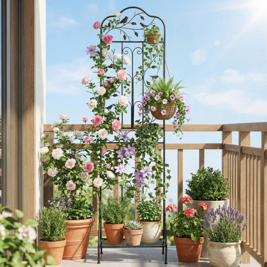 75 x 20 Inch Outdoor Metal Garden Trellis with Foldable Bottom Shelf-Black