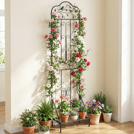 75 x 20 Inch Outdoor Metal Garden Trellis with Foldable Bottom Shelf-Black