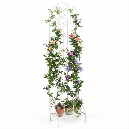 75 x 20 Inch Outdoor Metal Garden Trellis with Foldable Bottom Shelf-White