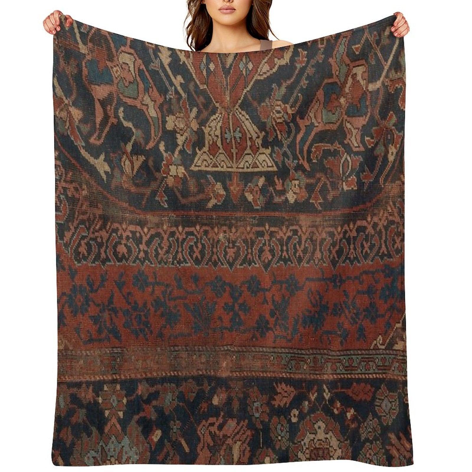 Boho Chic Dark III  17th Century Colorful Medallion Red Blue Green Brown Ornate Accent Rug Pattern Throw Blanket