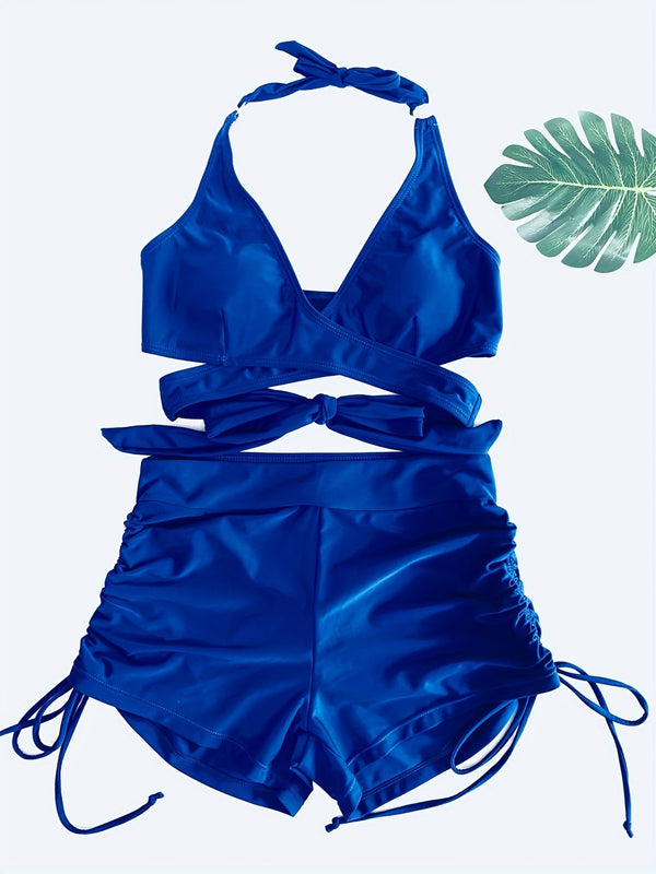 Coastal Curve Halter Bikini Set for Women – V-Neck Crisscross Drawstring Swimsuit with Chic Ring Detail & High-Waisted Boxer Shorts for Summer – Sleek Two-Piece Nylon Swimwear for Women’s Beach & Poolside Style