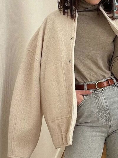 Autumn Casual Full Size Drop Shoulder Snap Down Jacket with Buttoned Front and Pockets