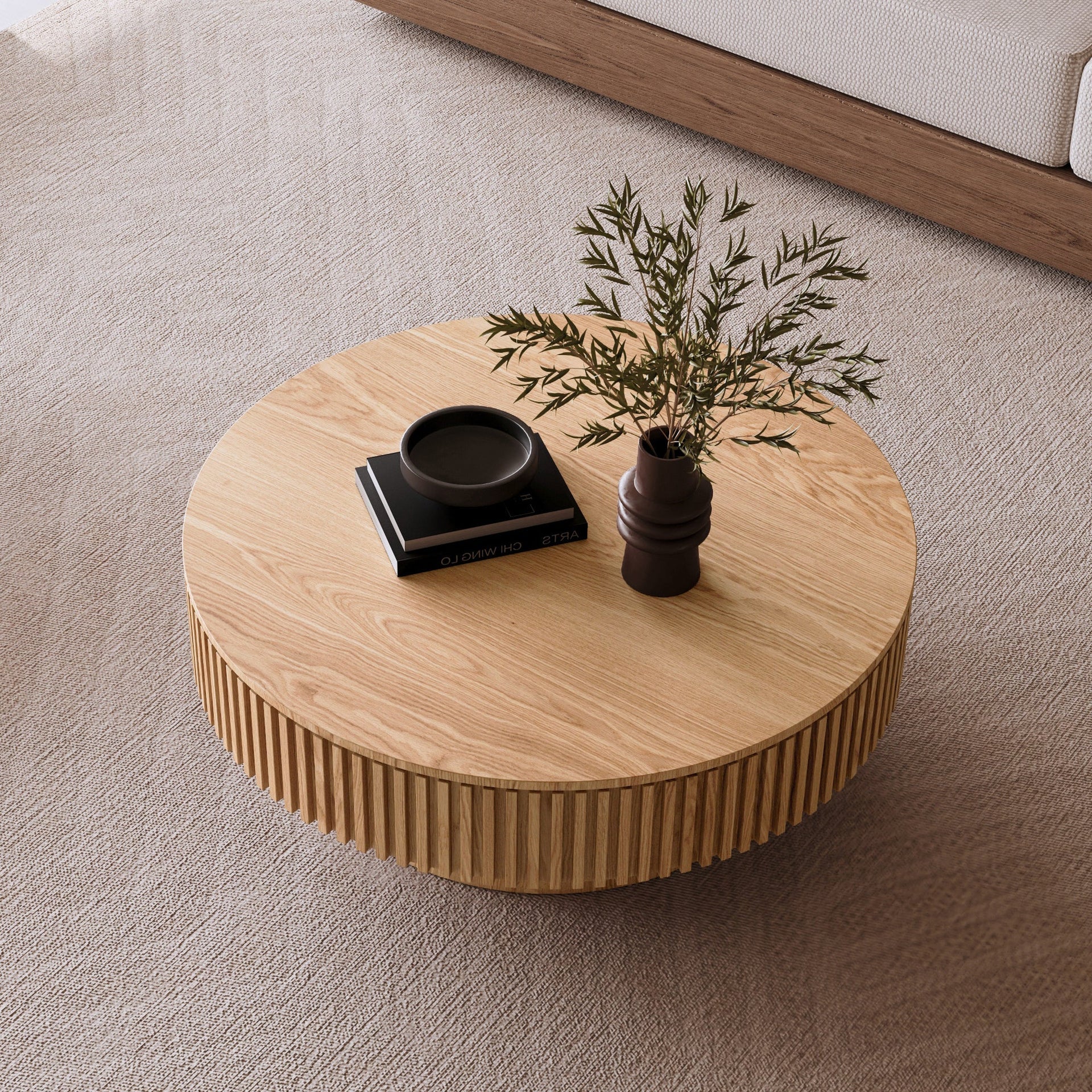 39.37'' Round Coffee Table with Storage Solid Wood Veneered Modern Coffee Table Accent Tea Table for Living Room, Bedroom, Apartment or Office, Natural Wood
