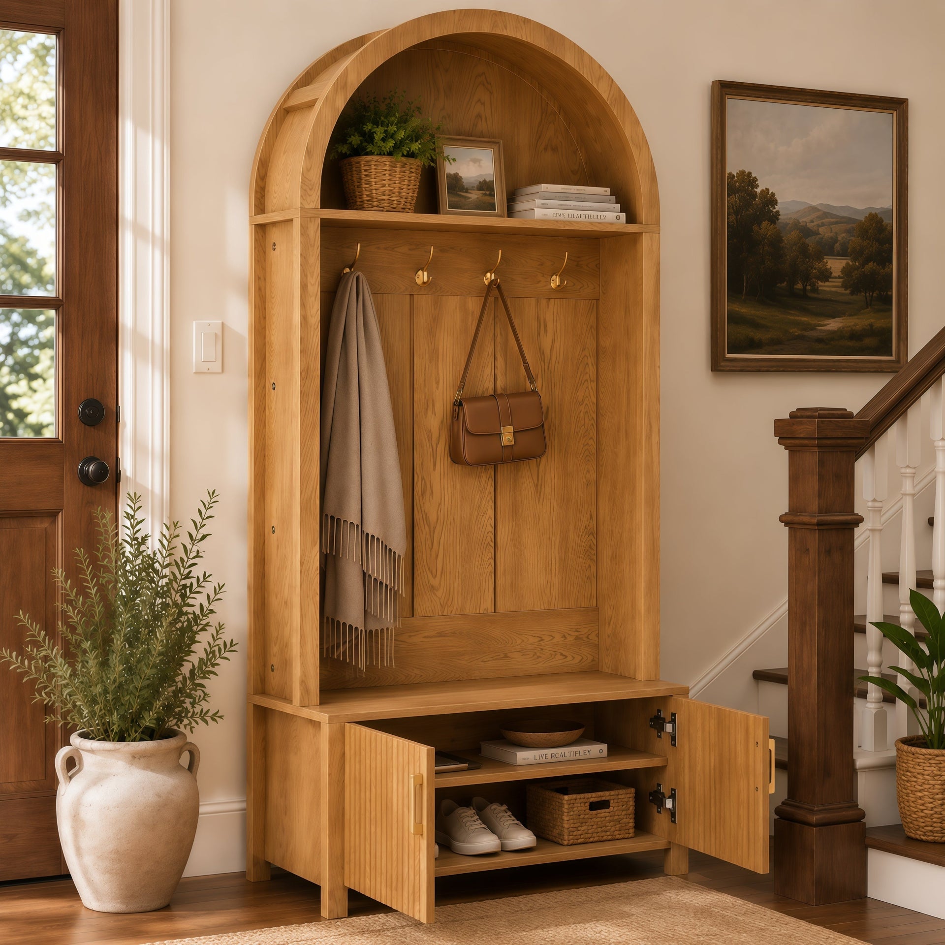 Farmhouse Hall Tree with Storage Bench & Cabinet – Entryway Organizer with Coat Hooks
