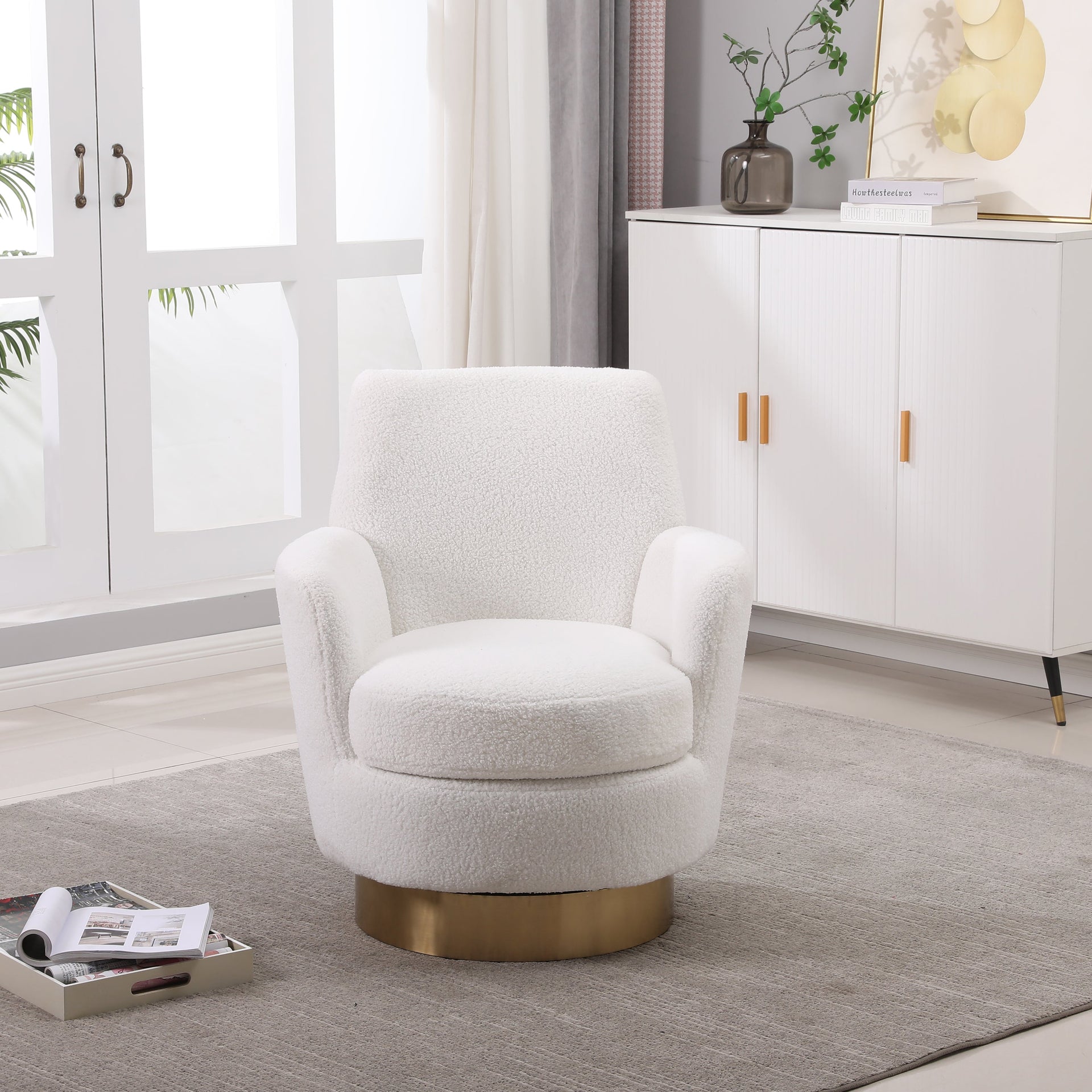 White Velvet Swivel Barrel Chair