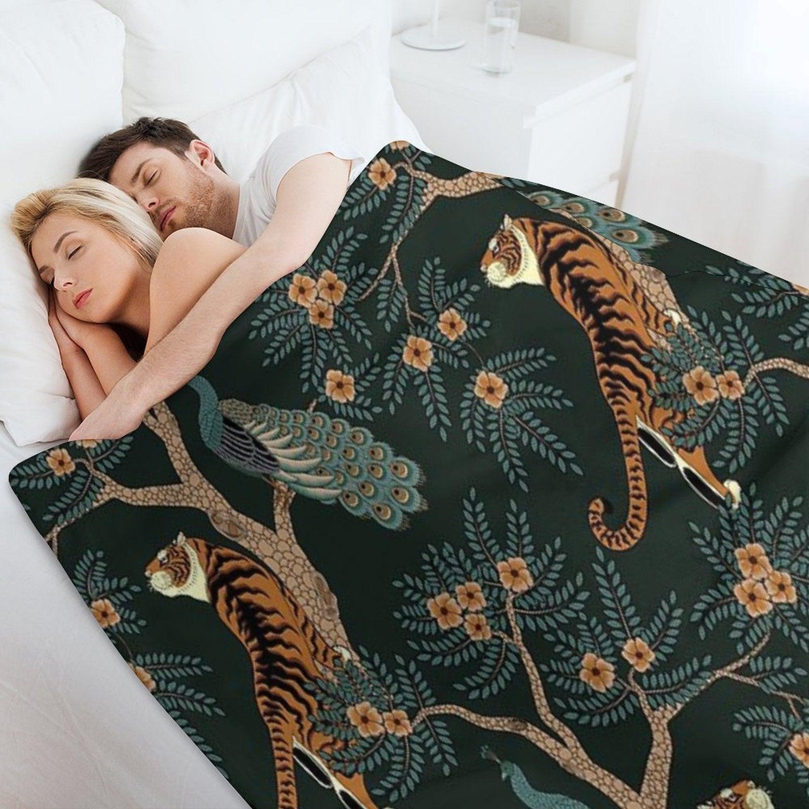 Vintage Tiger And Peacock in The Jungle Throw Blanket