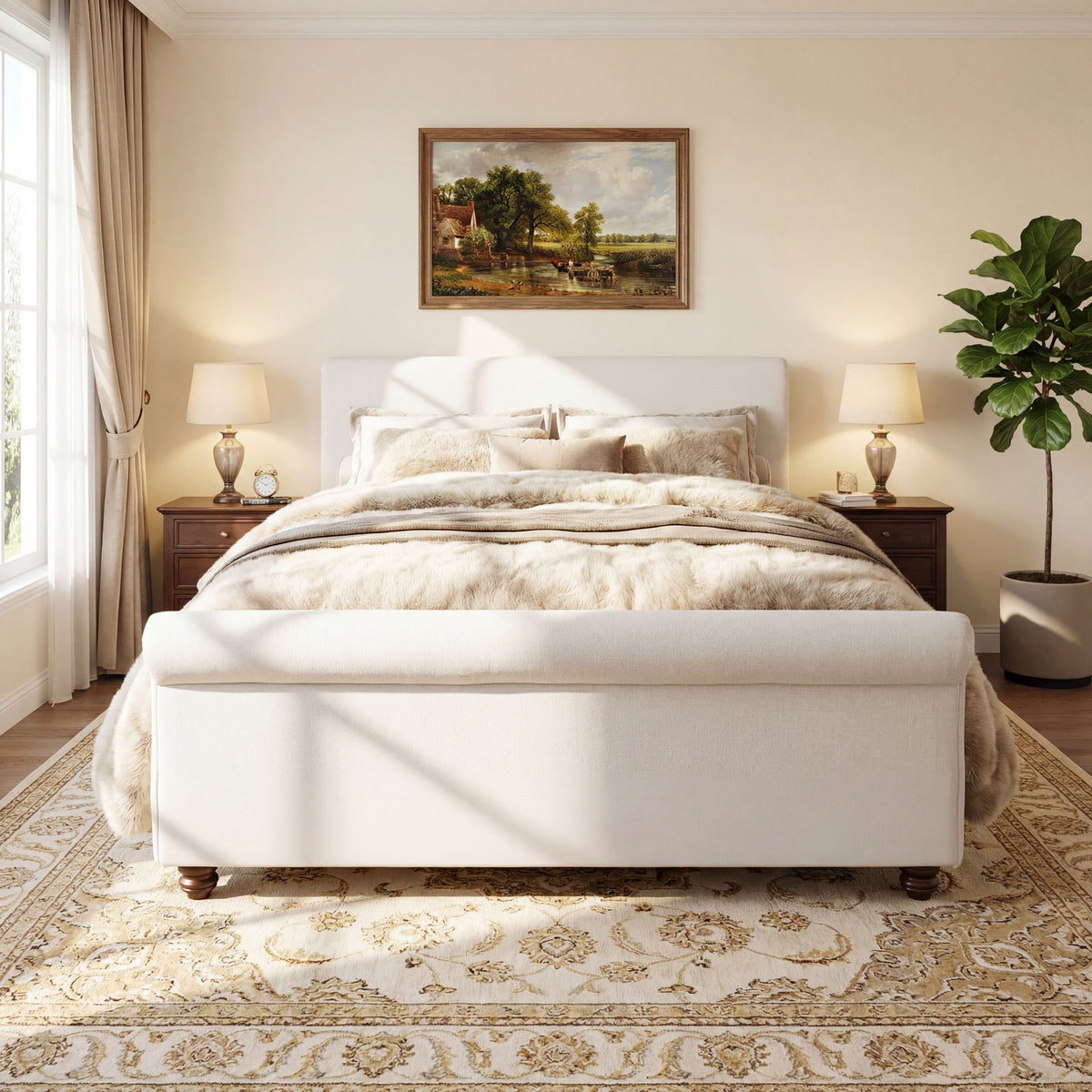 Queen Size Upholstered Bed Frame with Thick Fabric