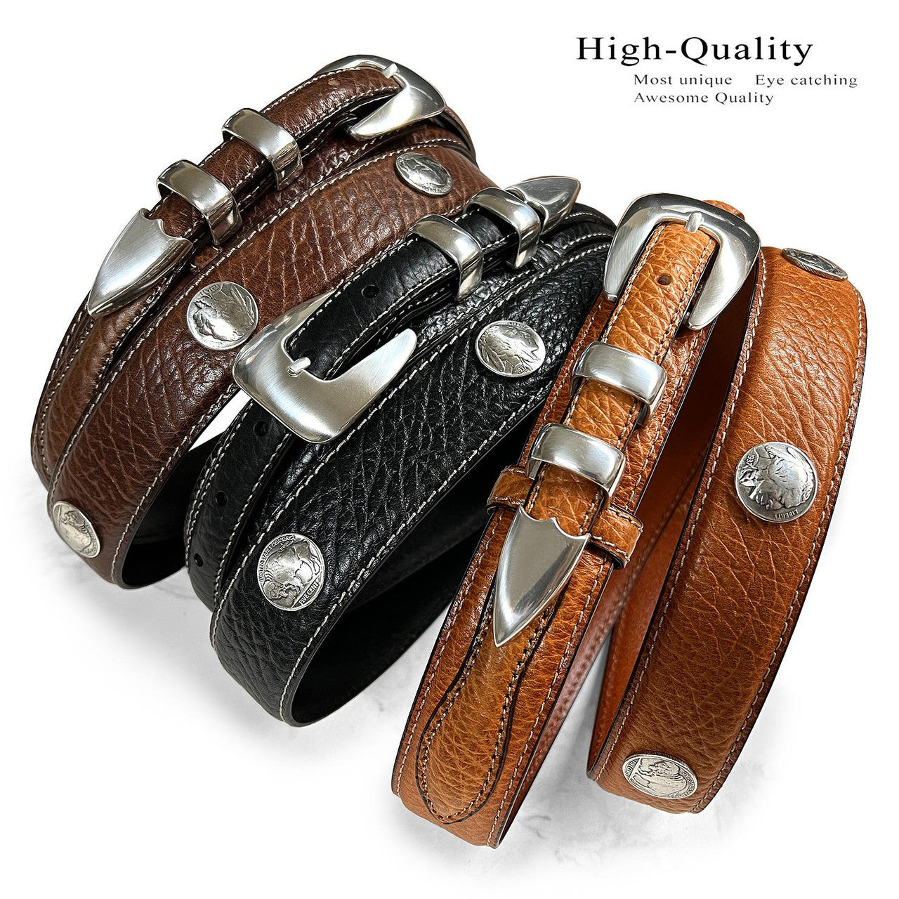 Buffalo Indian Head Coin Conchos Western Leather Ranger Belt