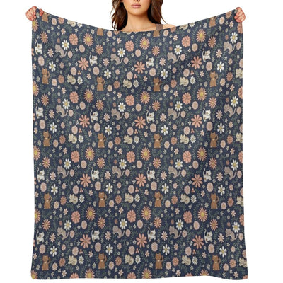 Flower Meower (Navy) Travel-friendly Throw Blanket