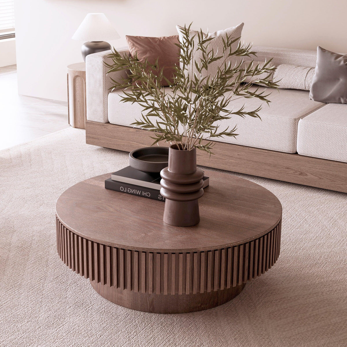 Modern Walnut Round Mushroom Coffee Table with Hidden Storage