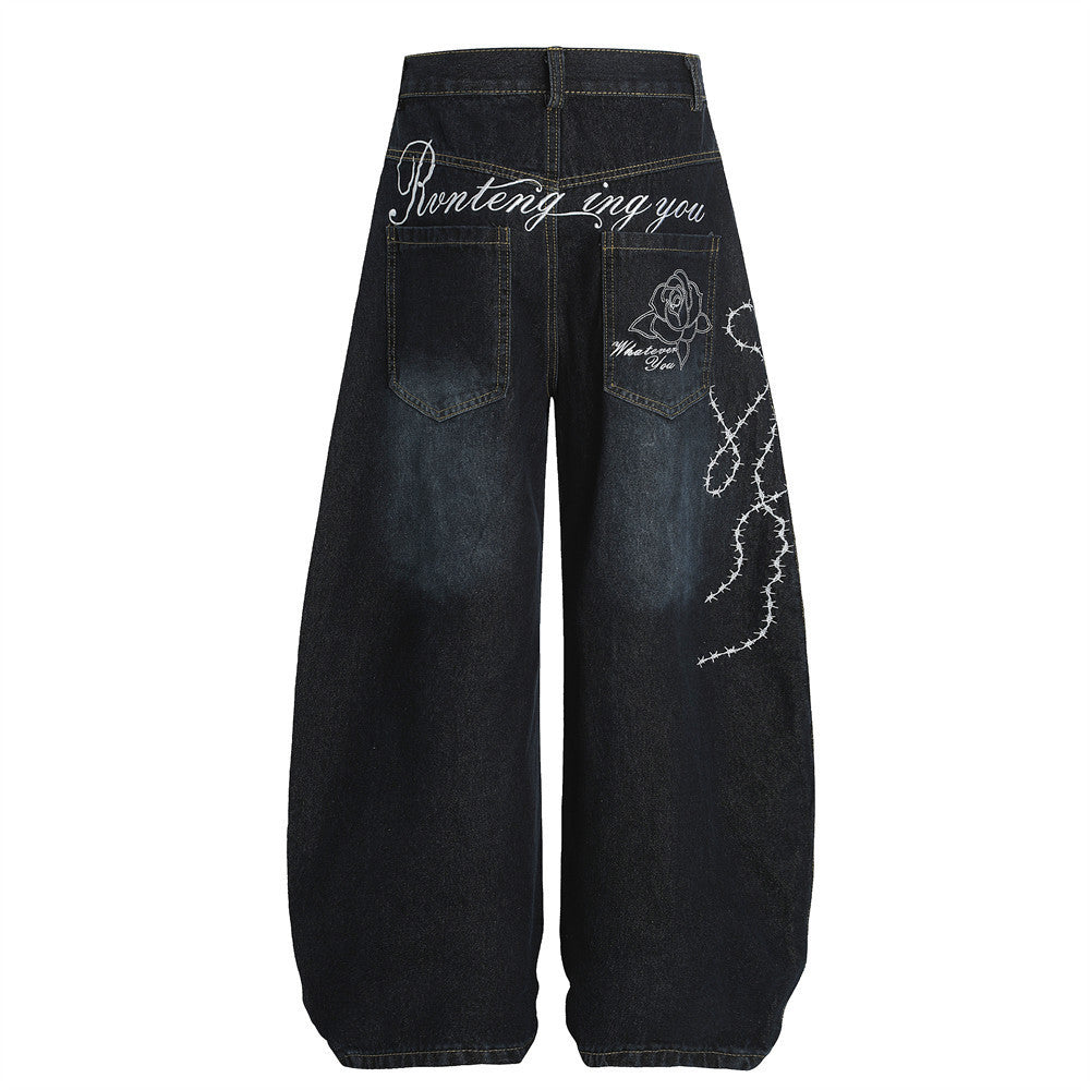 Streetwear High Street Letter Print Slash Denim Trousers Men's Work Pants Washed Vintage Loose Wide Leg Floor-Length Pants